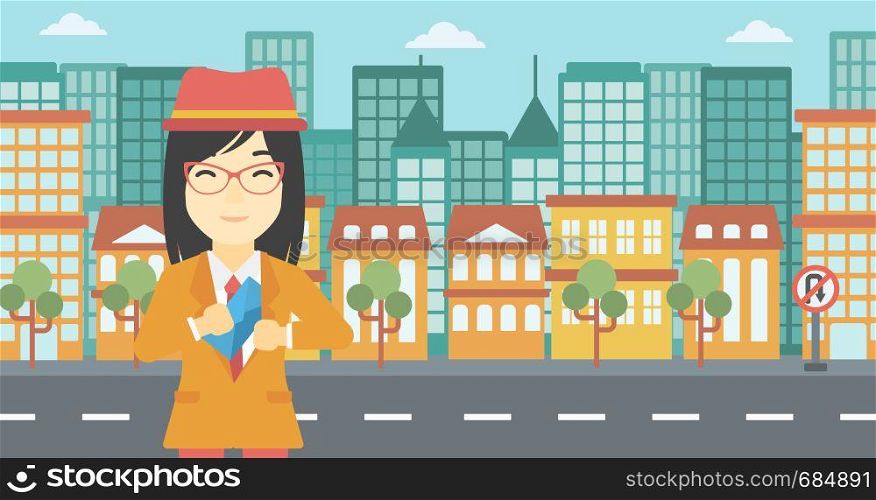 An asian young business woman putting an envelope in her pocket on a city background. Vector flat design illustration. Horizontal layout.. Woman putting envelope in pocket.