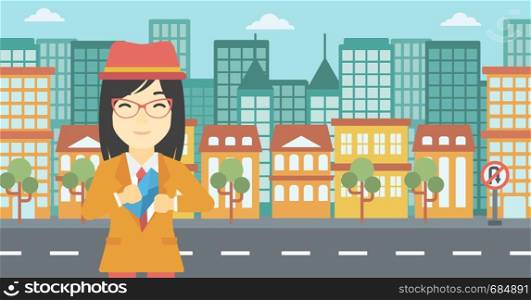 An asian young business woman putting an envelope in her pocket on a city background. Vector flat design illustration. Horizontal layout.. Woman putting envelope in pocket.