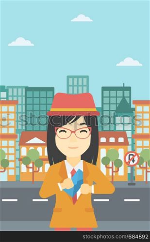 An asian young business woman putting an envelope in her pocket on a city background. Vector flat design illustration. Vertical layout.. Woman putting envelope in pocket.