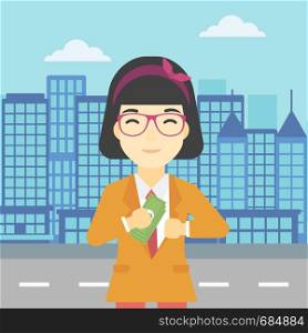 An asian young business woman putting money in her pocket on a city background. Vector flat design illustration. Square layout.. Woman putting money in pocket vector illustration.