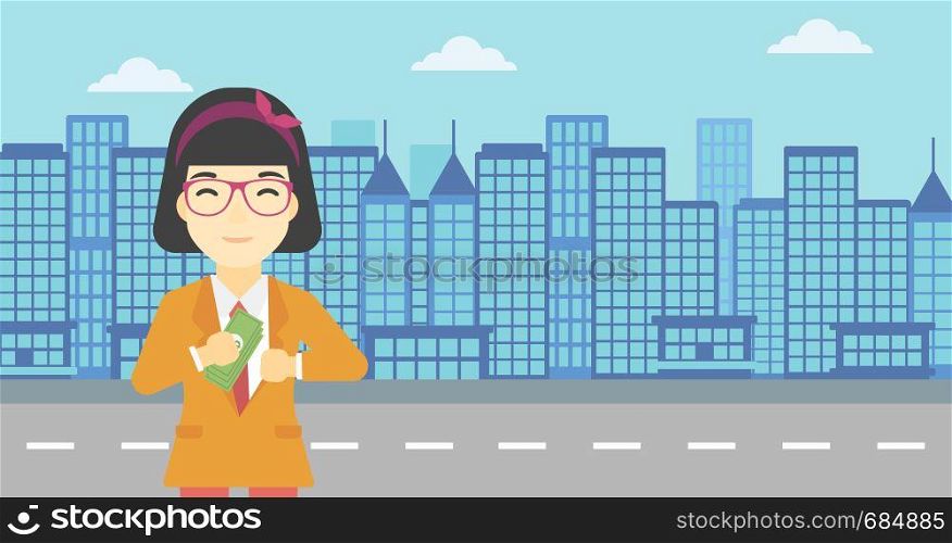 An asian young business woman putting money in her pocket on a city background. Vector flat design illustration. Horizontal layout.. Woman putting money in pocket vector illustration.