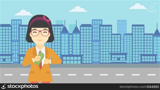 An asian young business woman putting money in her pocket on a city background. Vector flat design illustration. Horizontal layout.. Woman putting money in pocket vector illustration.