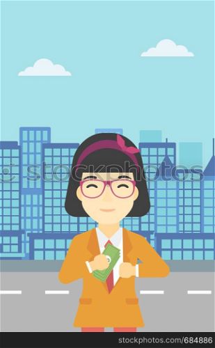 An asian young business woman putting money in her pocket on a city background. Vector flat design illustration. Vertical layout.. Woman putting money in pocket vector illustration.