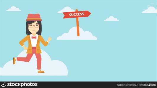 An asian young business woman running in the sky near direction sign success. Successful business concept. Vector flat design illustration. Horizontal layout.. Business woman moving to success.