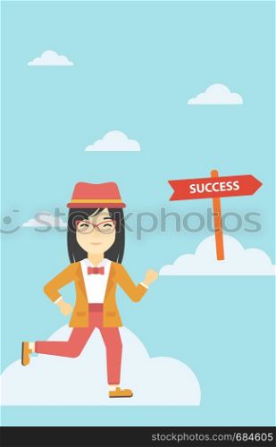 An asian young business woman running in the sky near direction sign success. Successful business concept. Vector flat design illustration. Vertical layout.. Business woman moving to success.