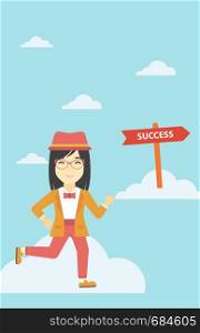 An asian young business woman running in the sky near direction sign success. Successful business concept. Vector flat design illustration. Vertical layout.. Business woman moving to success.