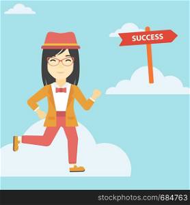 An asian young business woman running in the sky near direction sign success. Successful business concept. Vector flat design illustration. Square layout.. Business woman moving to success.