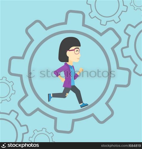 An asian young business woman running inside a big cogwheel on a blue background. Vector flat design illustration. Square layout.. Business woman running inside the gear.
