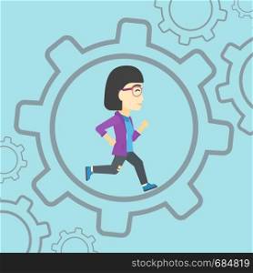 An asian young business woman running inside a big cogwheel on a blue background. Vector flat design illustration. Square layout.. Business woman running inside the gear.