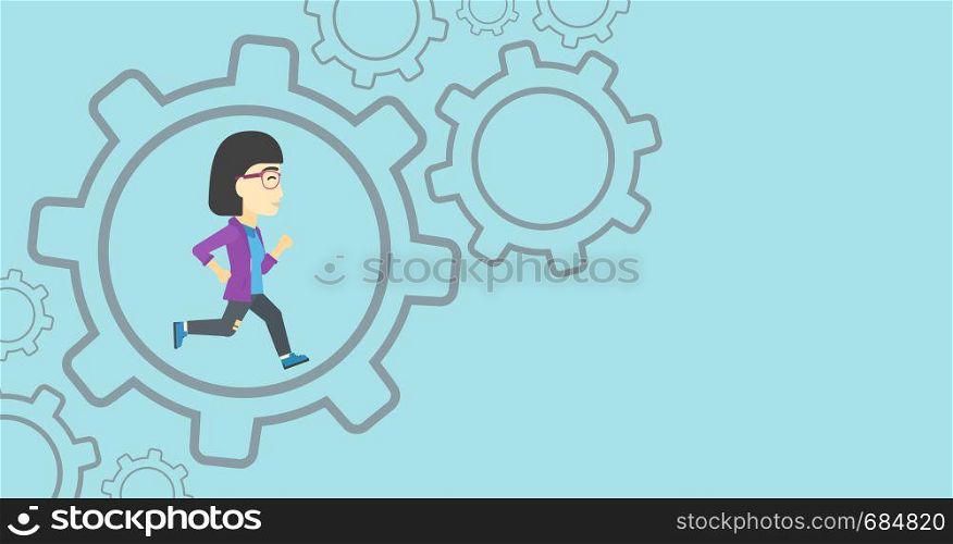 An asian young business woman running inside a big cogwheel on a blue background. Vector flat design illustration. Horizontal layout.. Business woman running inside the gear.