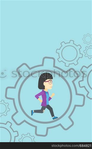 An asian young business woman running inside a big cogwheel on a blue background. Vector flat design illustration. Vertical layout.. Business woman running inside the gear.
