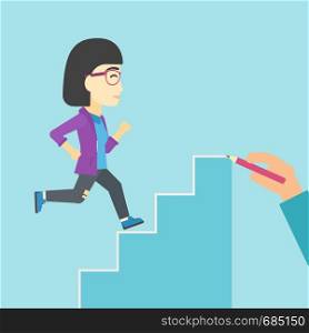 An asian young business woman running up the stairs drawn by hand with pencile. Concept of business career. Vector flat design illustration. Square layout.. Businesswoman running upstairs vector illustration