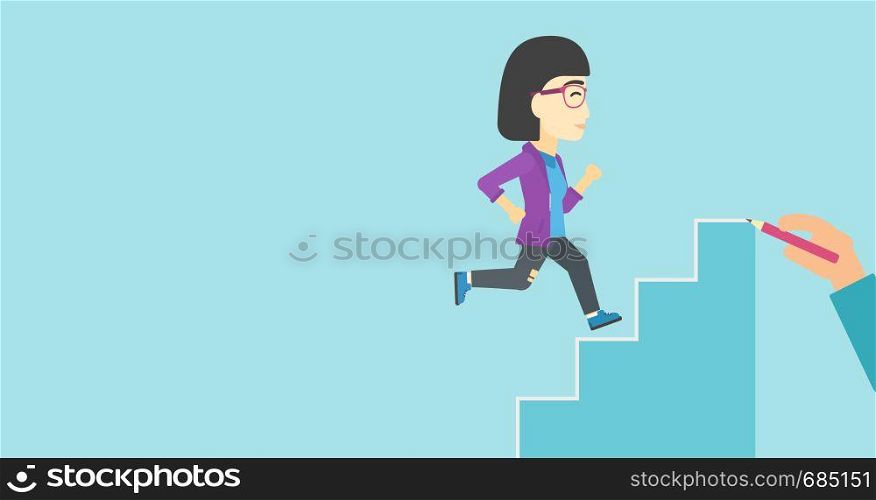 An asian young business woman running up the stairs drawn by hand with pencile. Concept of business career. Vector flat design illustration. Horizontal layout.. Businesswoman running upstairs vector illustration