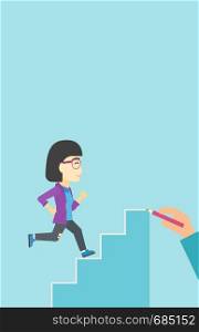 An asian young business woman running up the stairs drawn by hand with pencile. Concept of business career. Vector flat design illustration. Vertical layout.. Businesswoman running upstairs vector illustration