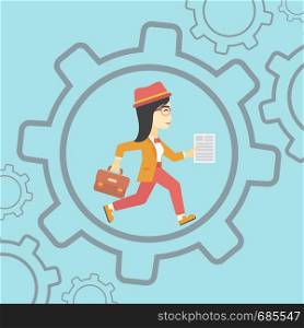An asian young business woman running with a briefcase and a document inside the gear. Concept of stress in business. Vector flat design illustration. Square layout.. Business woman running inside the gear.