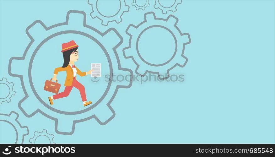 An asian young business woman running with a briefcase and a document inside the gear. Concept of stress in business. Vector flat design illustration. Horizontal layout.. Business woman running inside the gear.