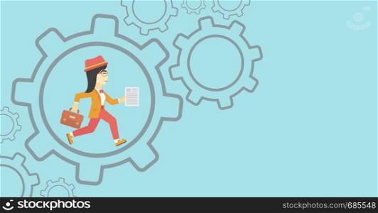 An asian young business woman running with a briefcase and a document inside the gear. Concept of stress in business. Vector flat design illustration. Horizontal layout.. Business woman running inside the gear.