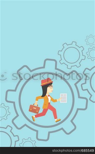 An asian young business woman running with a briefcase and a document inside the gear. Concept of stress in business. Vector flat design illustration. Vertical layout.. Business woman running inside the gear.