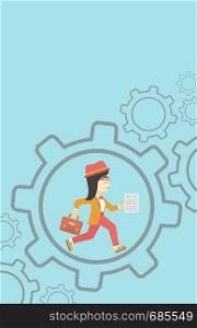 An asian young business woman running with a briefcase and a document inside the gear. Concept of stress in business. Vector flat design illustration. Vertical layout.. Business woman running inside the gear.