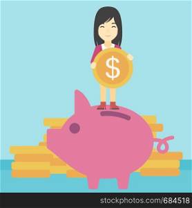 An asian young business woman saving her money by putting a coin in a big piggy bank on a background of stacks of gold coins. Vector flat design illustration. Square layout.. Business woman putting coin in piggy bank.