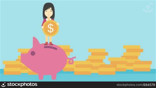 An asian young business woman saving her money by putting a coin in a big piggy bank on a background of stacks of gold coins. Vector flat design illustration. Horizontal layout.. Business woman putting coin in piggy bank.