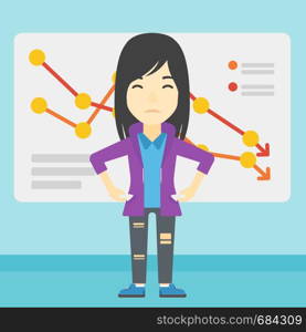 An asian young business woman showing her epmty pockets on the background of a board with decreasing chart. Bankruptcy concept. Vector flat design illustration. Square layout.. Bancrupt business woman vector illustration.