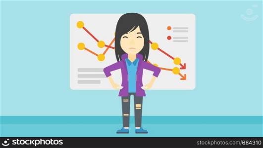 An asian young business woman showing her epmty pockets on the background of a board with decreasing chart. Bankruptcy concept. Vector flat design illustration. Horizontal layout.. Bancrupt business woman vector illustration.