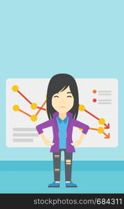 An asian young business woman showing her epmty pockets on the background of a board with decreasing chart. Bankruptcy concept. Vector flat design illustration. Vertical layout.. Bancrupt business woman vector illustration.