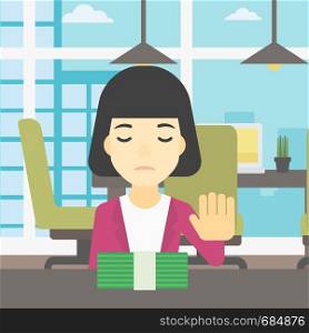 An asian young business woman sitting at the table in office and moving dollar bills away. Vector flat design illustration. Square layout.. Woman refusing bribe vector illustration.