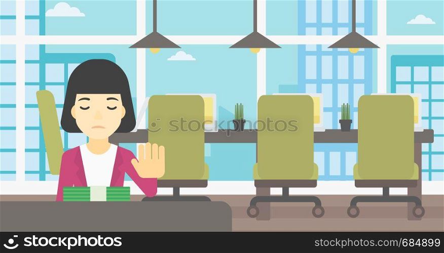 An asian young business woman sitting at the table in office and moving dollar bills away. Vector flat design illustration. Horizontal layout.. Woman refusing bribe vector illustration.