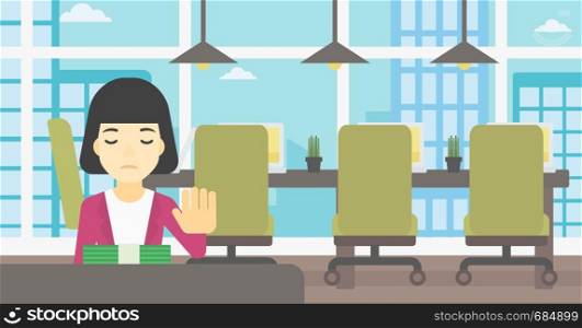 An asian young business woman sitting at the table in office and moving dollar bills away. Vector flat design illustration. Horizontal layout.. Woman refusing bribe vector illustration.
