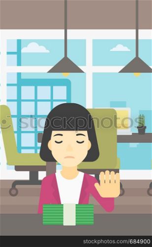 An asian young business woman sitting at the table in office and moving dollar bills away. Vector flat design illustration. Vertical layout.. Woman refusing bribe vector illustration.