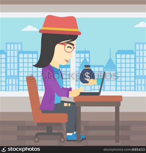 An asian young business woman sitting at the table in office and a bag of money coming out of her laptop. Online business concept. Vector flat design illustration. Square layout.. Businesswoman earning money from online business.