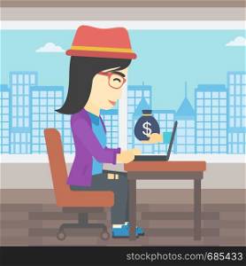 An asian young business woman sitting at the table in office and a bag of money coming out of her laptop. Online business concept. Vector flat design illustration. Square layout.. Businesswoman earning money from online business.