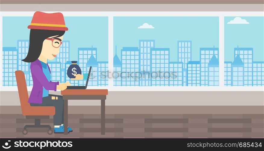 An asian young business woman sitting at the table in office and a bag of money coming out of her laptop. Online business concept. Vector flat design illustration. Horizontal layout.. Businesswoman earning money from online business.
