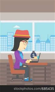 An asian young business woman sitting at the table in office and a bag of money coming out of her laptop. Online business concept. Vector flat design illustration. Vertical layout.. Businesswoman earning money from online business.