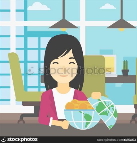 An asian young business woman sitting at the table in office with a Earth globe full of gold coins. Concept of global business. Vector flat design illustration. Square layout.. Business woman with Earth globe full of money.