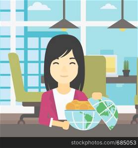 An asian young business woman sitting at the table in office with a Earth globe full of gold coins. Concept of global business. Vector flat design illustration. Square layout.. Business woman with Earth globe full of money.