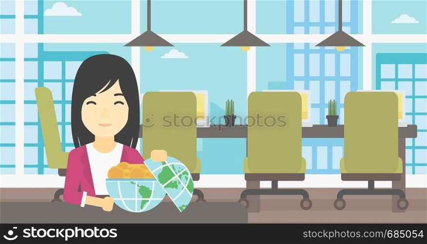 An asian young business woman sitting at the table in office with a Earth globe full of gold coins. Concept of global business. Vector flat design illustration. Horizontal layout.. Business woman with Earth globe full of money.