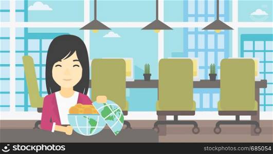 An asian young business woman sitting at the table in office with a Earth globe full of gold coins. Concept of global business. Vector flat design illustration. Horizontal layout.. Business woman with Earth globe full of money.