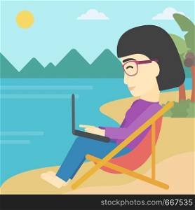 An asian young business woman sitting in chaise lounge and working on a laptop. Woman working on beach. Woman with laptop relaxing on the beach. Vector flat design illustration. Square layout.. Business woman working on laptop on the beach.