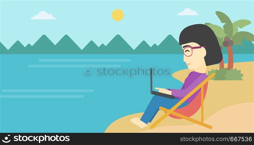 An asian young business woman sitting in chaise lounge and working on a laptop. Woman working on beach. Woman with laptop relaxing on the beach. Vector flat design illustration. Horizontal layout. Business woman working on laptop on the beach.