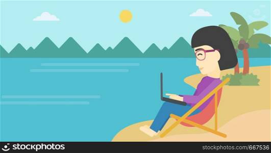 An asian young business woman sitting in chaise lounge and working on a laptop. Woman working on beach. Woman with laptop relaxing on the beach. Vector flat design illustration. Horizontal layout. Business woman working on laptop on the beach.