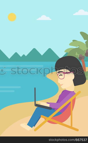 An asian young business woman sitting in chaise lounge and working on a laptop. Woman working on beach. Woman with laptop relaxing on the beach. Vector flat design illustration. Vertical layout.. Business woman working on laptop on the beach.