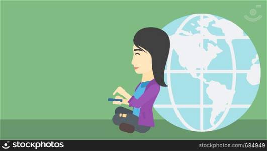 An asian young business woman sitting near big Earth globe and holding a smartphone in hands. Concept of global business. Vector flat design illustration. Horizontal layout.. Businessman sitting near Earth globe.