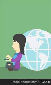 An asian young business woman sitting near big Earth globe and holding a smartphone in hands. Concept of global business. Vector flat design illustration. Vertical layout.. Businessman sitting near Earth globe.