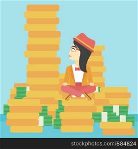 An asian young business woman sitting on stack of golden coins and looking up to the biggest one. Successful business concept. Vector flat design illustration. Square layout.. Business woman sitting on gold vector illustration
