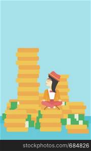 An asian young business woman sitting on stack of golden coins and looking up to the biggest one. Successful business concept. Vector flat design illustration. Vertical layout.. Business woman sitting on gold vector illustration