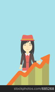 An asian young business woman standing behind growing chart on a blue background. Successful business concept. Vector flat design illustration. Vertical layout.. Business woman with growing chart.