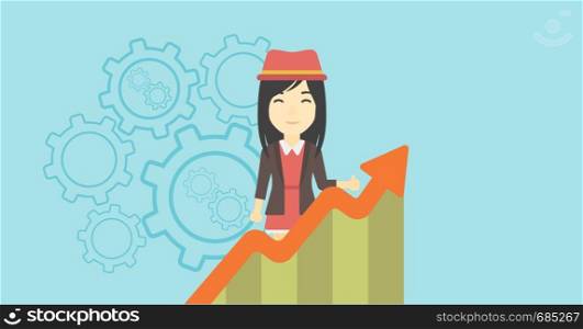 An asian young business woman standing behind growing chart on a blue background with cogwheels. Successful business concept. Vector flat design illustration. Horizontal layout.. Business woman with growing chart.